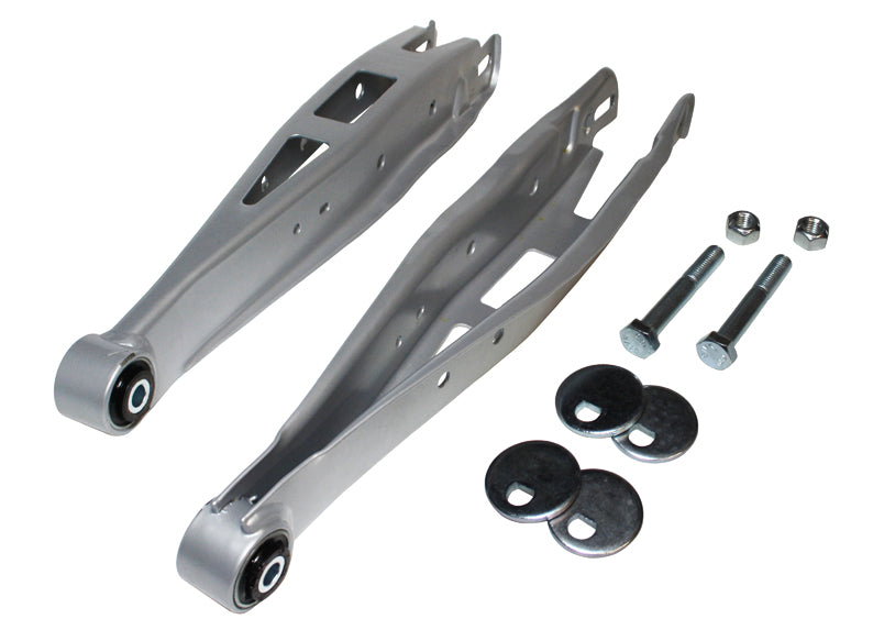 Metal vehicle suspension components with bolts on a white background