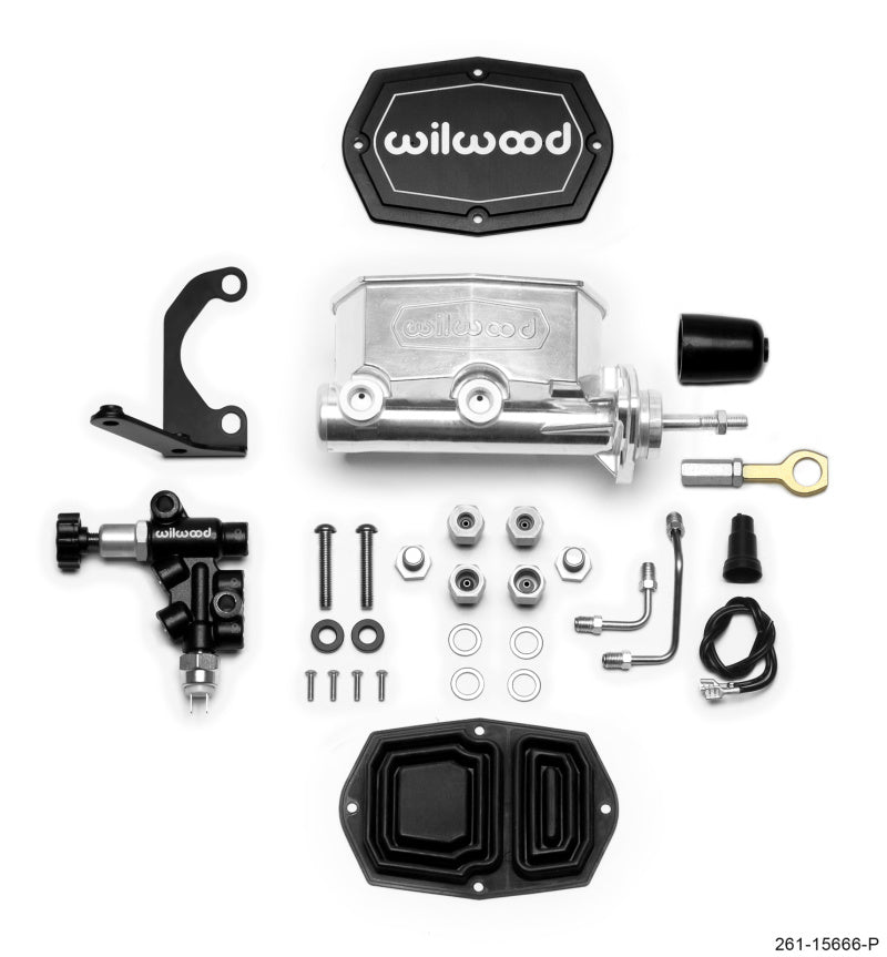 Wilwood Compact Tandem M/C - 1.12in Bore w/RH Bracket and Valve (Mustang Pushrod) - Ball Burnished Wilwood