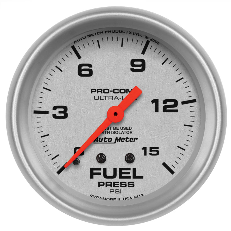 AutoMeter Gauge Fuel Pressure 2-5/8in. 15PSI Mechanical W/Isolator Ultra-Lite 4413