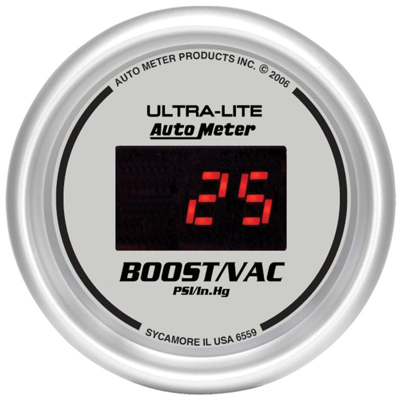 Autometer Ultra-Lite 2-1/16in 30INHG-30PSI Digital Silver Dial Vacuum/Boost Gauge w/ Red Led 6559