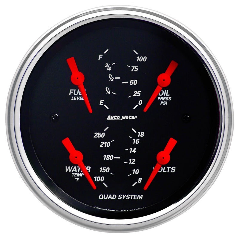 Autometer Designer Black 3-3/8in Quad Gauge - Fuel Level/Oil Pressure/Water Temperature/Voltmeter 1412