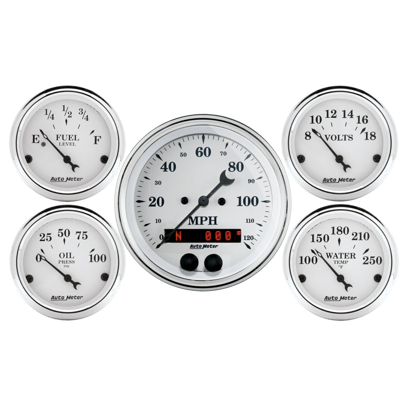 Auto Meter Speedometer 3-3/8in and 2-1/16in 5 Piece Old Tyme White Gauge Kit 1650