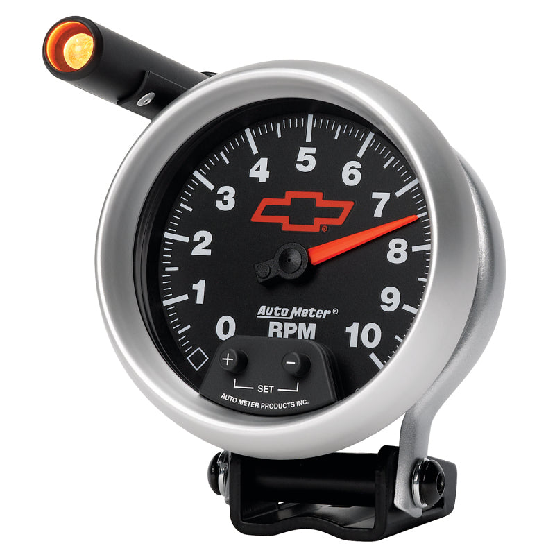 Autometer GM Red Bowtie Black 3-3/4in 0-10000 RPM Pedestal Mount Tachometer Quick-Lite 3690-00406