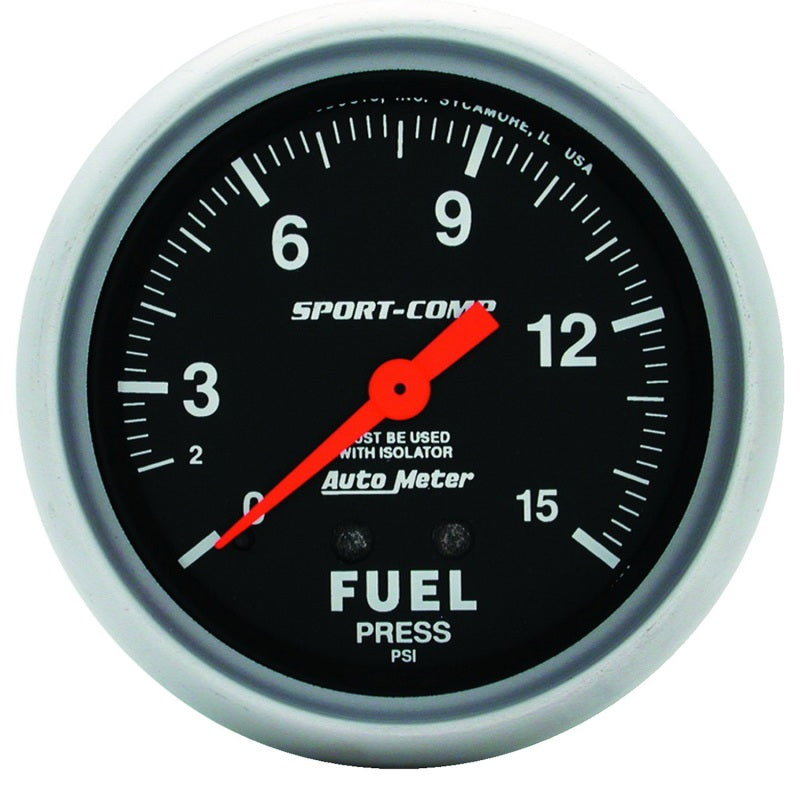 AutoMeter Gauge Fuel Pressure 2-5/8in. 15PSI Mechanical W/Isolator Sport-Comp 3413