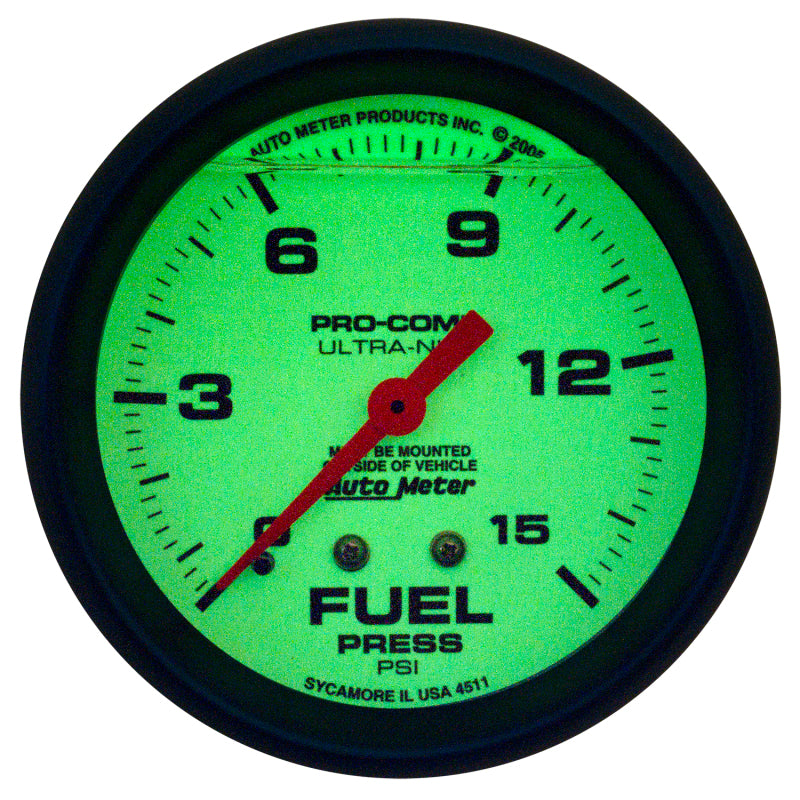 Autometer Ultra-Nite 2-5/8in 15psi Mechanical Glow In The Dark Fuel Pressure Gauge 4211