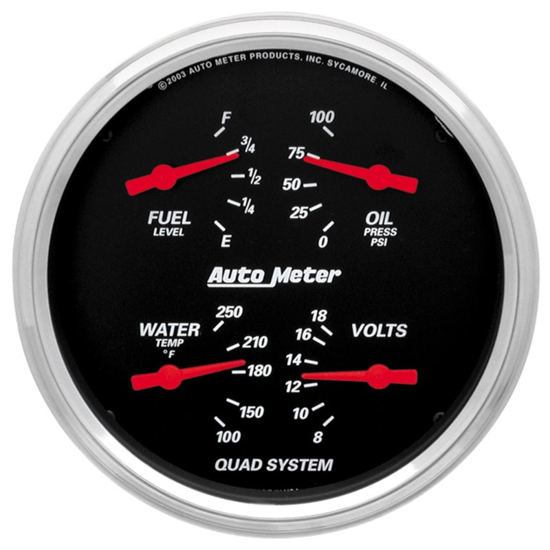 Autometer Designer Black 5in Quad Gauge - Fuel Level / Oil Pressure / Water Temperature / Voltmeter 1410