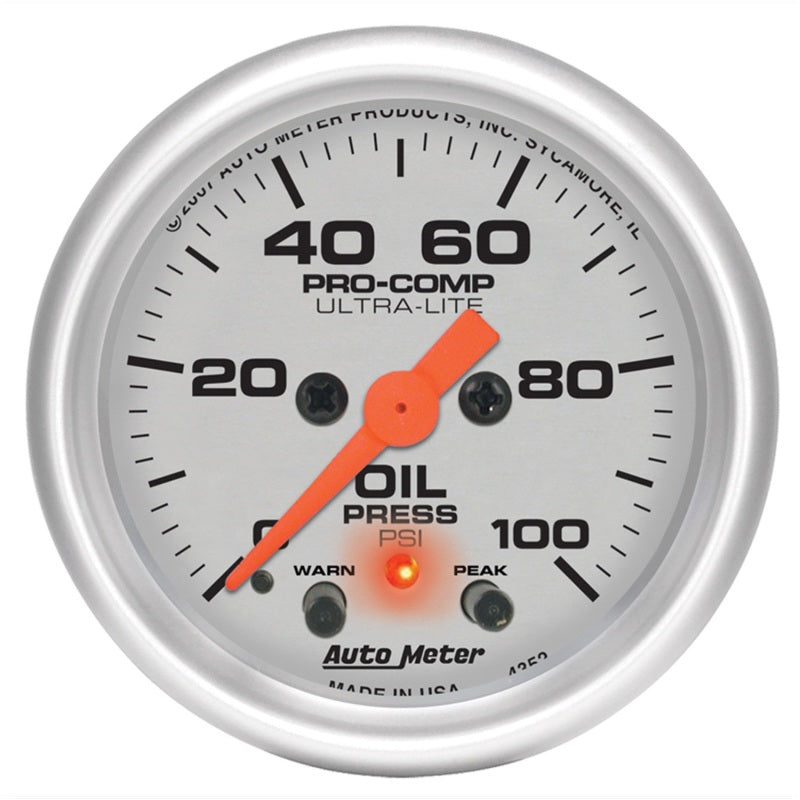 Autometer Ultra-Lite 52mm 0-100 PSI F/S Electronic Oil Pressure w/ Peak Memory & Warning Gauge 4352