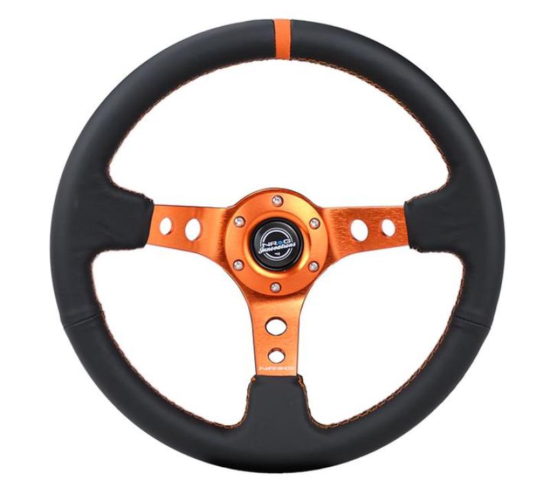 NRG Reinforce Steering Wheel (350mm / 3in. Deep) Blk Leather, Orange Center Mark w/ Orange Stitching - RST-006OR