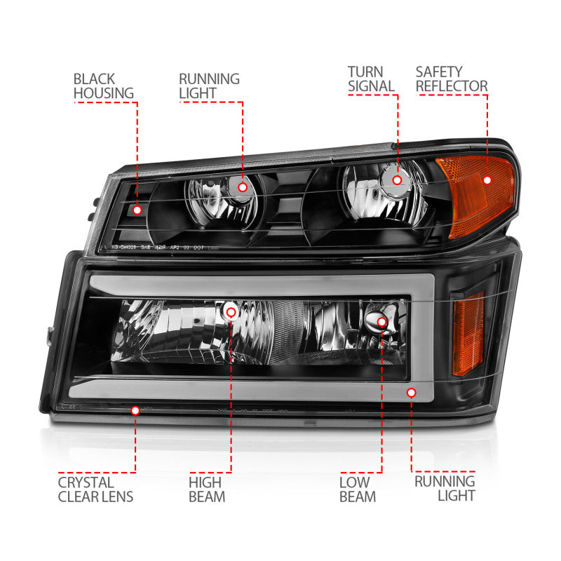 ANZO 04-12 GM Colorado/Canyon/I-Series Crystal Headlights - w/ Light Bar Black Housing 4pcs ANZO