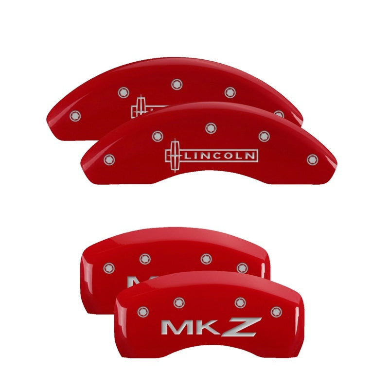 MGP 4 Caliper Covers Engraved Front Lincoln Engraved Rear MKZ Red finish silver ch MGP