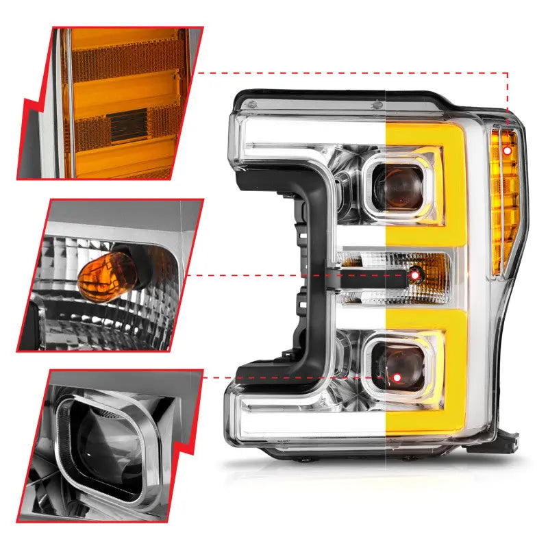 ANZO 17-19 Ford F-250/350/450 SD (w/o Factory LED HL) LED Proj Headlights w/Light Bar Switchback Chr ANZO