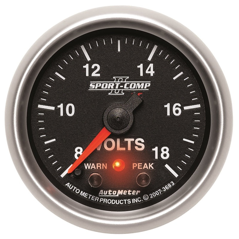 Auto Meter 3692 Sport-Comp II Voltmeter - 2-1/16" Gauge, 8-18V Electric, White LED, Red Pointer, For Car Or Race Car