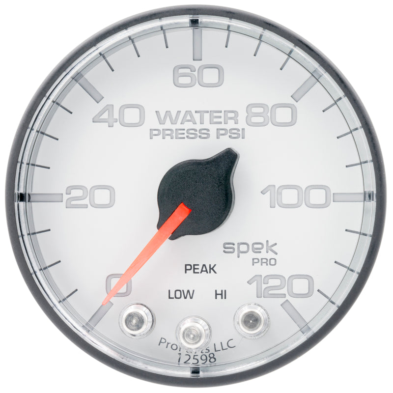 Autometer Spek-Pro 2 1/16in 120PSI Stepper Motor W/Peak & Warn White/Black Water Pressure Gauge P345128