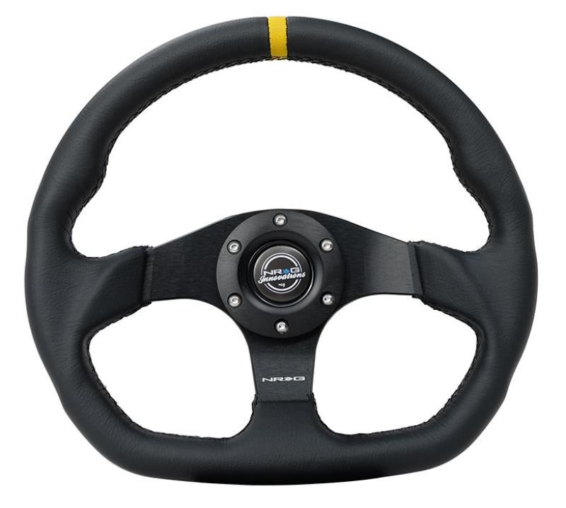 NRG Innovations 320mm Flat-Bottom Reinforced Steering Wheel - Leather - Yellow Center Mark – RST-024D-MB-R-Y