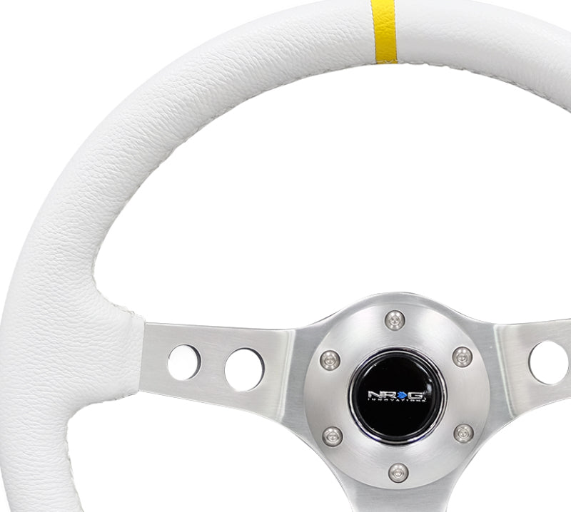 NRG Innovations 350mm Reinforced Deep Dish Steering Wheel - Leather - White Leather - Silver Spokes – RST-006WT-Y