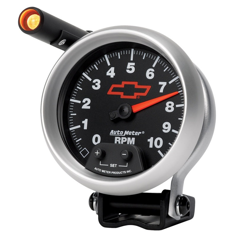 Autometer GM Red Bowtie Black 3-3/4in 0-10000 RPM Pedestal Mount Tachometer Quick-Lite 3690-00406