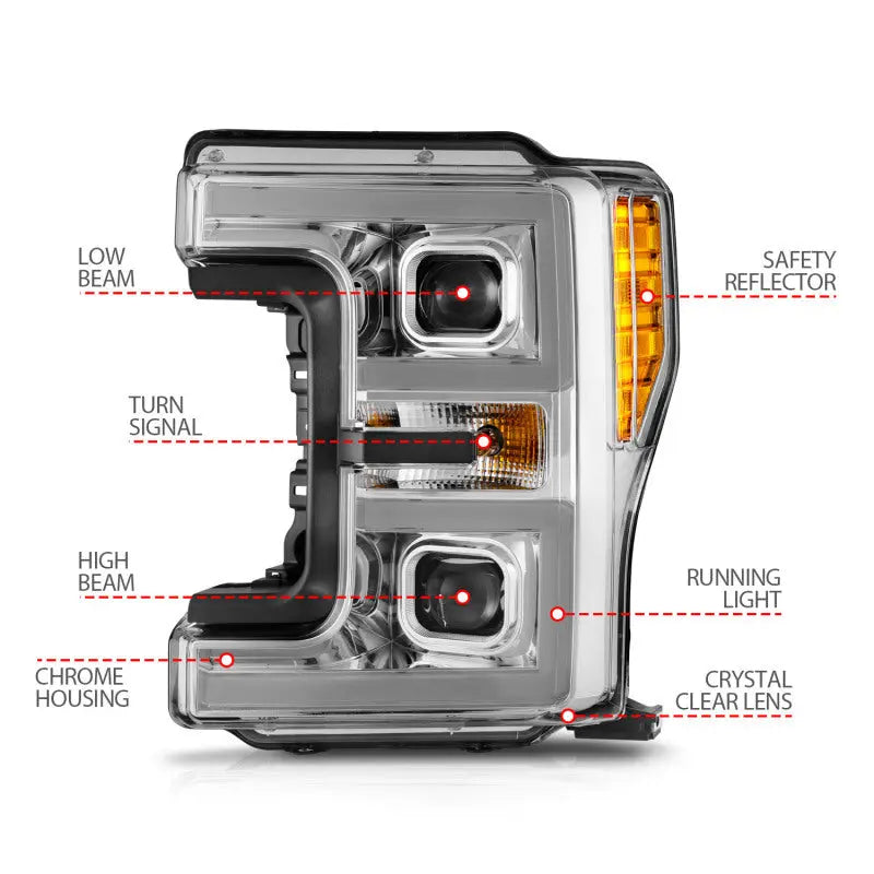 ANZO 17-19 Ford F-250/350/450 SD (w/o Factory LED HL) LED Proj Headlights w/Light Bar Switchback Chr ANZO