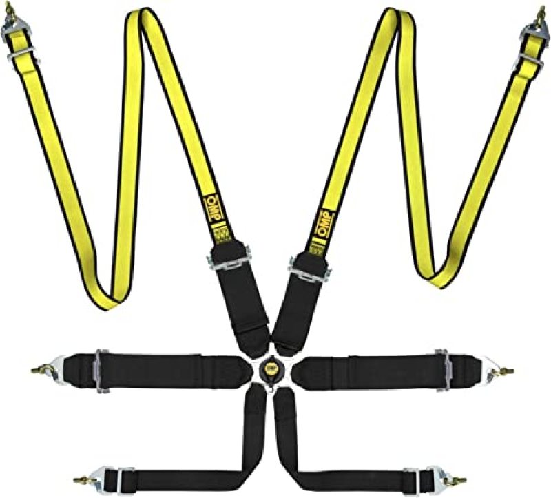 OMP FIRST 3+2 6-Point Pull-Up Racing Harness - Black/Fluo Yellow - FIA 8853-2016 - DA0-0204-B02-178