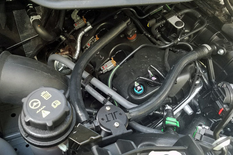 J&L 15-18 Ford Transit 150/250/350 3.5L EcoBoost Passenger Side Oil Separator 3.0 - Black Anodized - eliteracefab.com