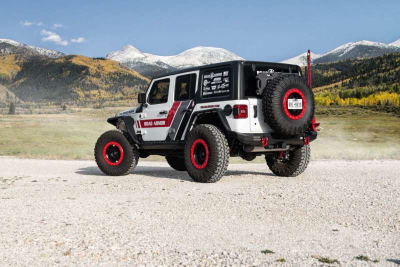 Road Armor 18-20 Jeep Wrangler JL Stealth Rear Bumper Mid Width w/Tire Carrier Assembly - Tex Blk - eliteracefab.com