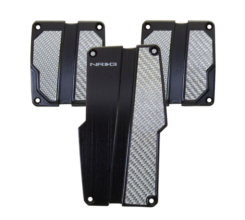 NRG Brushed Aluminum Sport Pedal M/T - Black w/Silver Carbon - eliteracefab.com