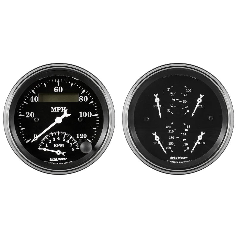 Auto Meter Gauge Kit 2 pc. Quad & Tach/Speedo 3 3/8in Old Tyme Black 1720