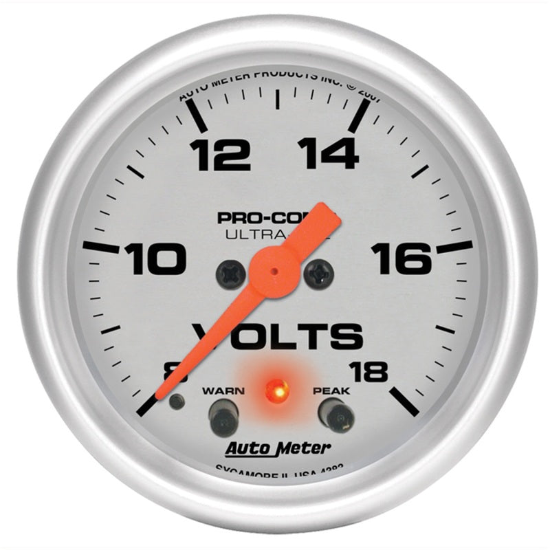 Autometer Ultra-Lite 52mm Voltmeter 18V Digital Stepper Motor w/ Peak and Warning 4383