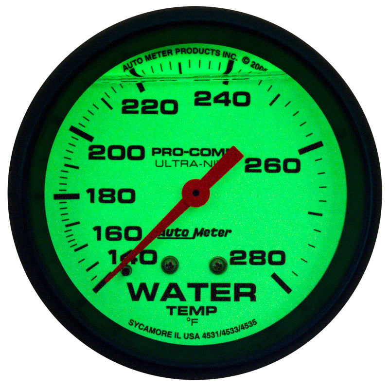 AutoMeter Gauge Wtemp 2-5/8in. 140-280 Deg. F Liq Filld Mech 4ft. Glow In Dark Ultra-Nite 4235