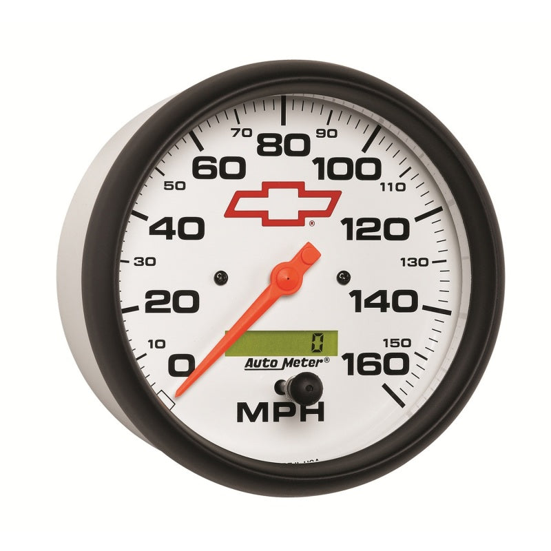AutoMeter Gauge Speedometer 5in. 160MPH Elec. Programmable Chevy Red Bowtie White 5889-00406