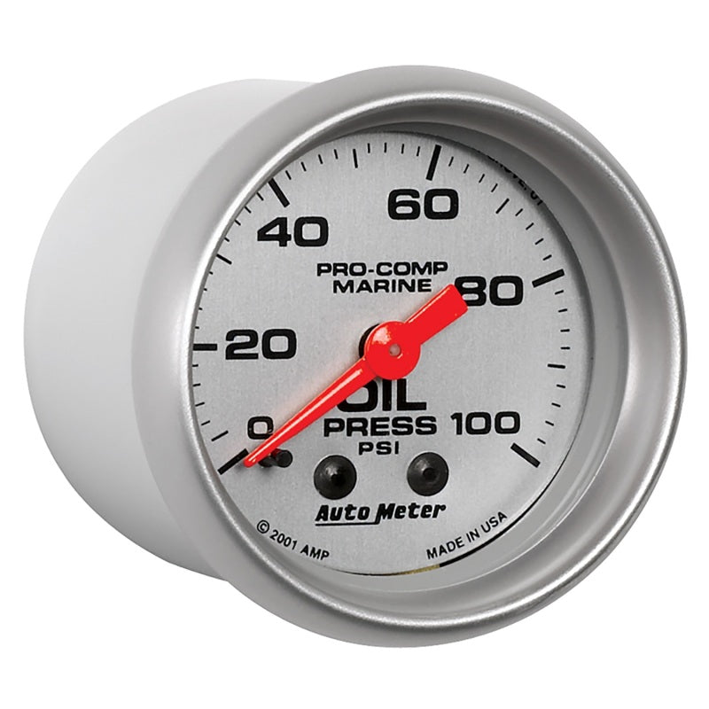 Autometer Marine Silver Oil Pressure 2 1/16in 100 psi Mechanical Gauge 200790-33