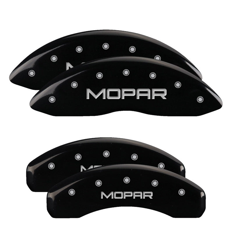 MGP 4 Caliper Covers Engraved F&R 11-18 Jeep Grand Cherokee Black Finish Silver Mopar Logo MGP