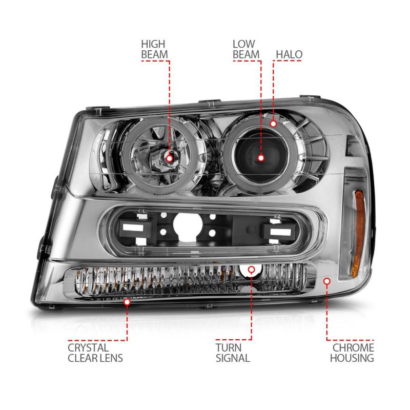 ANZO 02-09 Chevrolet Trailblazer Projector Headlights w/ Halo Chrome Housing (Non-LT Models) 111573