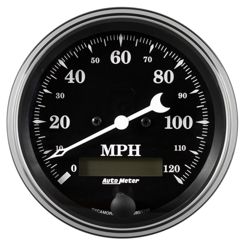 Auto Meter Gauge Speedo. 3 3/8in 120mph Elec. Prog. w/ LCD Odo Old Tyme Black 1780