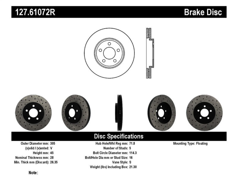 StopTech 03-09 Lincoln Town Car / 03-09 Mercury Grand Marquis Front Right Slotted & Drilled Rotor Stoptech