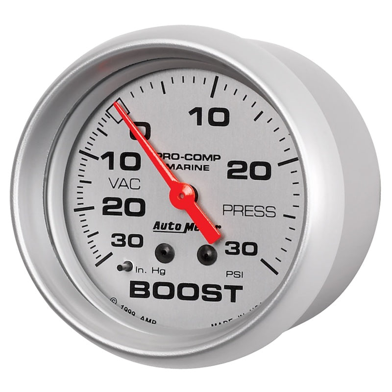 AutoMeter Marine Vac/Boost Gauge 2 5/8in 30INHG 30PSI Mechanical- Silver 200775-33