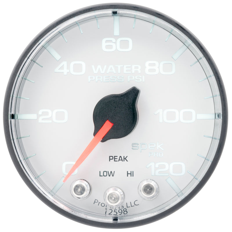 Autometer Spek-Pro 2 1/16in 120PSI Stepper Motor W/Peak & Warn White/Black Water Pressure Gauge P345128