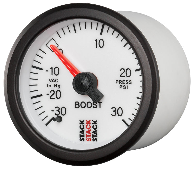 Autometer Stack 52mm -30INHG to +30 PSI (Incl T-Fitting) Mechanical Boost Pressure Gauge - White ST3162