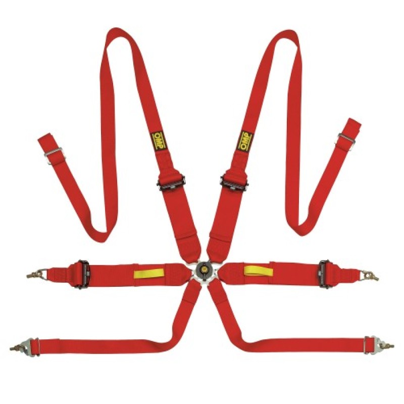 OMP TECNICA 3+2 6-Point Pull-Up Racing Harness - Red - FIA 8853-2016 - DA0-0203-A02-061