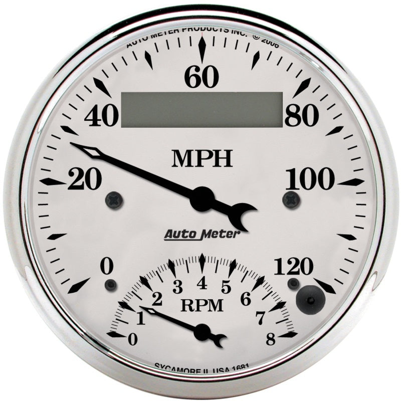 AutoMeter Gauge Tach/Speedo 3-3/8in. 120MPH & 8K RPM Elec. Program. Old Tyme Wht 1681