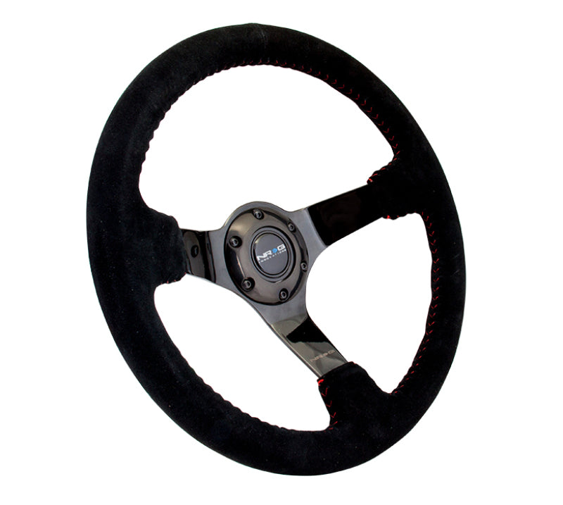 NRG Reinforced Sport Steering Wheel 350mm 3 Inch Deep black Suede with red Baseball Stitching Black Spoke - eliteracefab.com