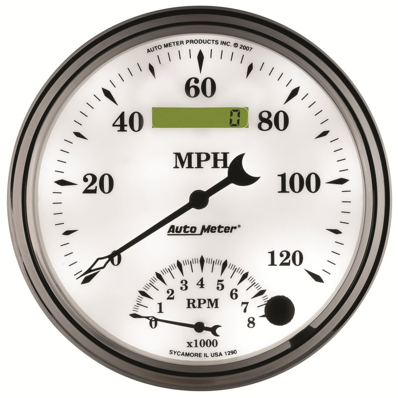 AutoMeter Gauge Tach/Speedo 5in. 120MPH & 8K RPM Elec. Program Old Tyme White II 1290