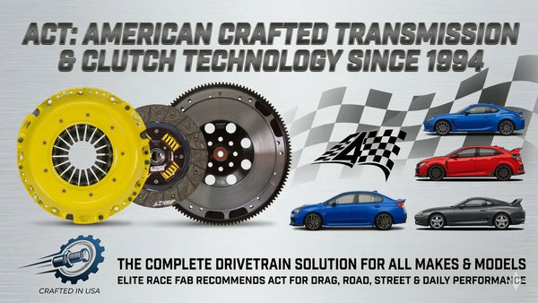 ACT performance clutch kit and flywheel graphic featuring Subaru BRZ, WRX STI, Honda Civic Type R, and Toyota Mk4 Supra.