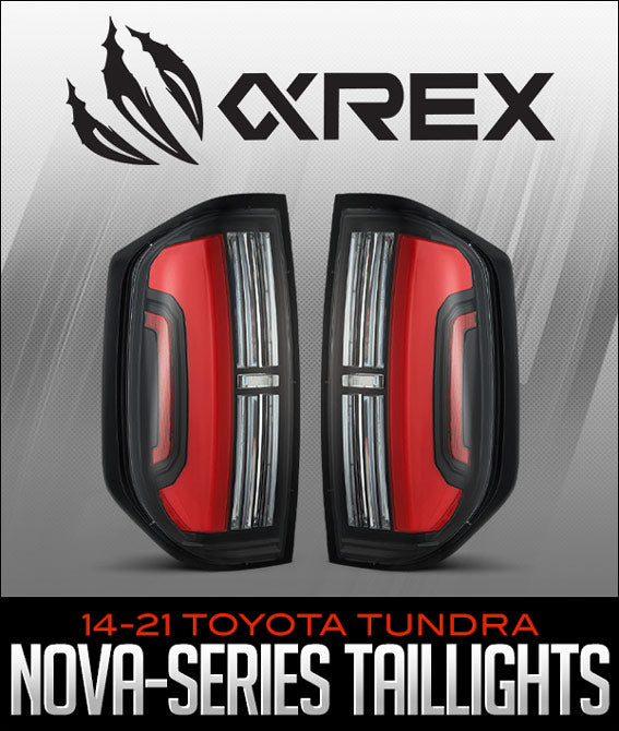 AlphaRex NOVA-Series LED Taillights for 2014–2021 Toyota Tundra with sleek design, Prism Optics, and dynamic sequential turn signals.
