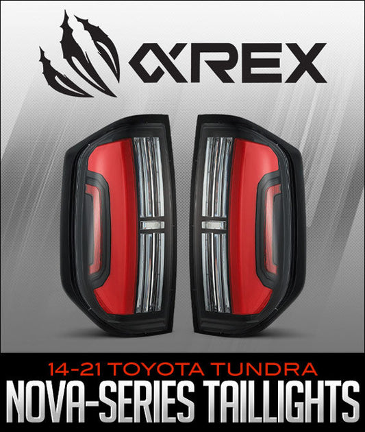 AlphaRex NOVA-Series LED Taillights for 2014–2021 Toyota Tundra with sleek design, Prism Optics, and dynamic sequential turn signals.