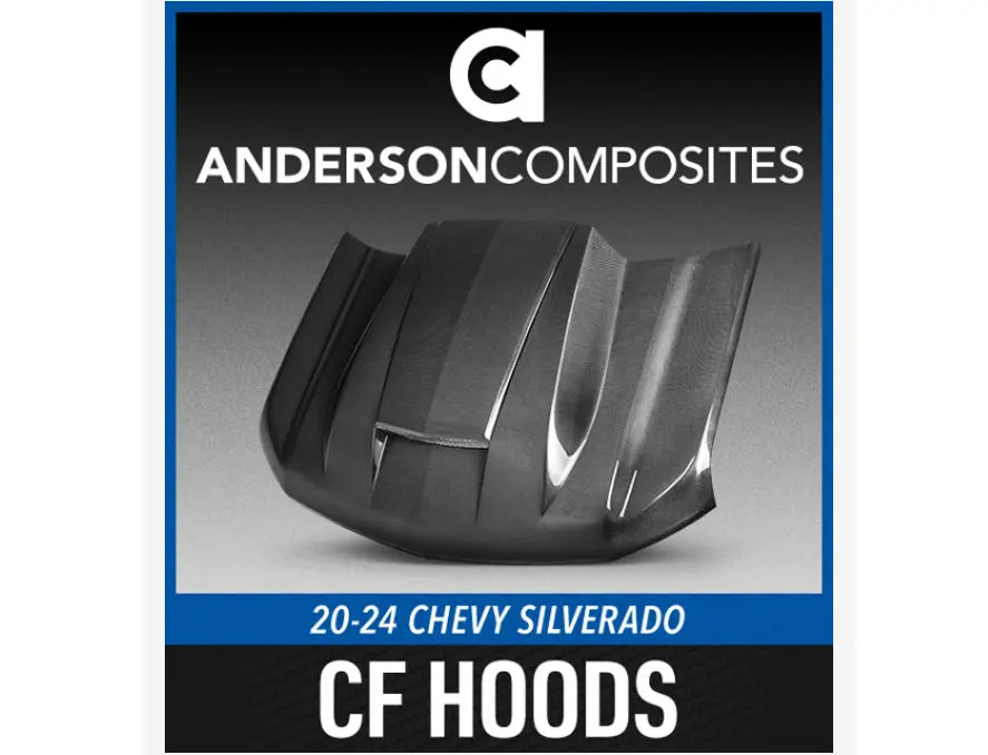 2020–2024 Chevy Silverado with Anderson Composites carbon fiber hood in Type-T2 design showing aggressive styling and lightweight performance