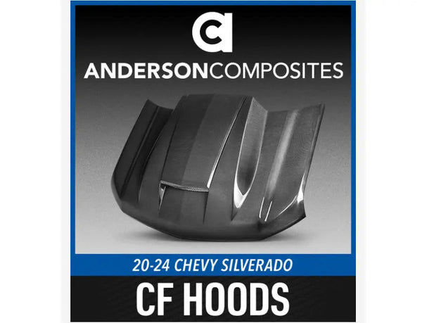 2020–2024 Chevy Silverado with Anderson Composites carbon fiber hood in Type-T2 design showing aggressive styling and lightweight performance