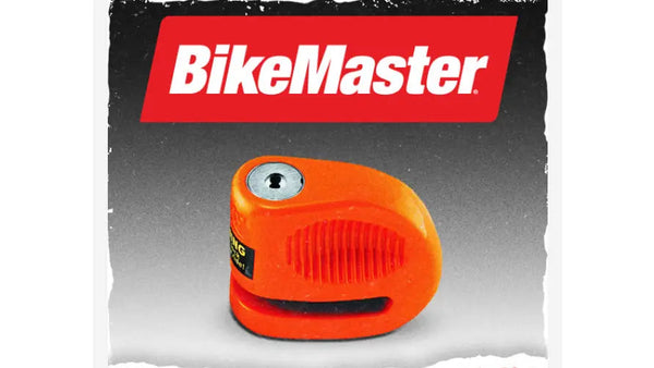 BikeMaster 5.5mm Bully Disc Lock in Orange and Chrome with pouch and keys for motorcycle security