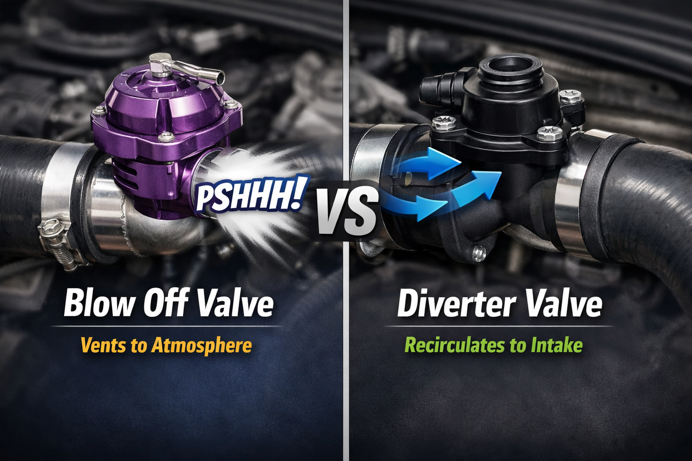 Blow off valve vs diverter valve comparison showing vent to atmosphere vs recirculating airflow