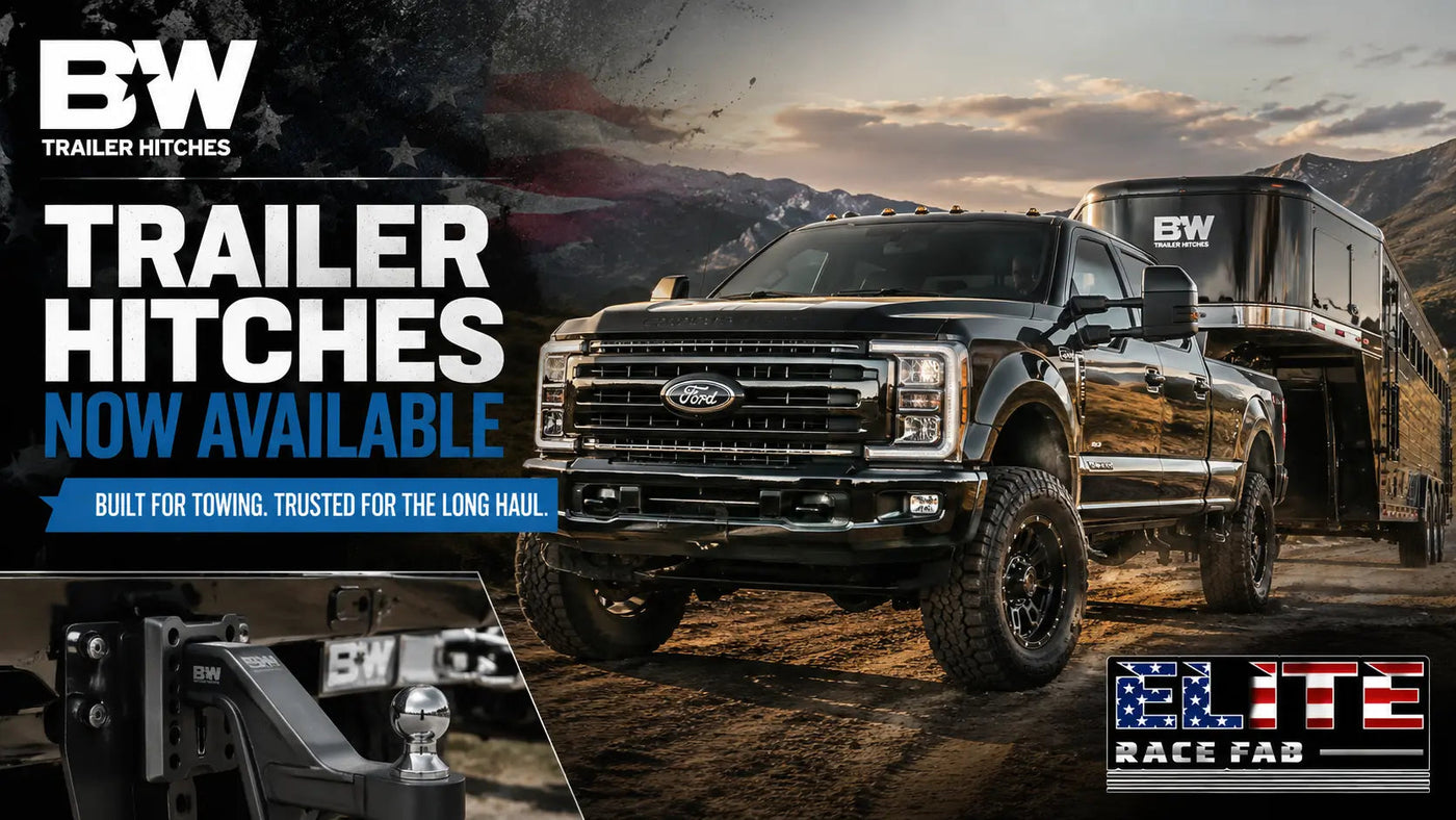 Lifted Ford F-250 towing a trailer for B&W Trailer Hitches now available at Elite Race Fab
