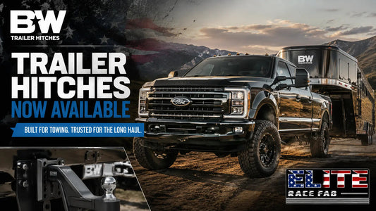 Lifted Ford F-250 towing a trailer for B&W Trailer Hitches now available at Elite Race Fab